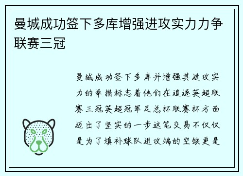 曼城成功签下多库增强进攻实力力争联赛三冠 曼城成功签下多库增强进攻实力力争联赛三冠